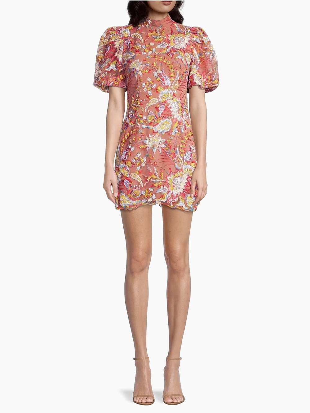 Elliatt Coral Floral Sequin Embroidered Puff Sleeve Mini Dress